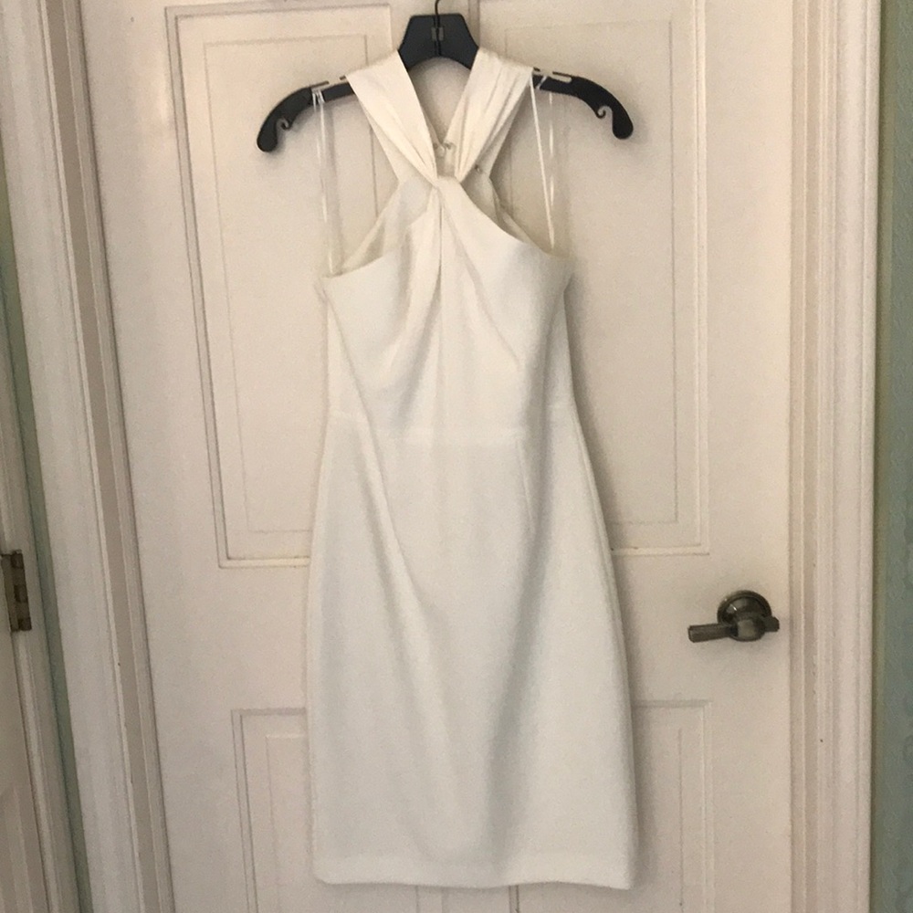 Tahari white sleeveless short dress satin neck